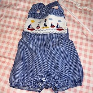 Blue Gingham Baby Romper with Nautical Design